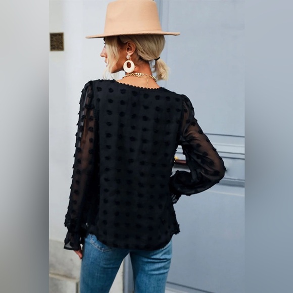 LIUMALIC Tops - Liumilac Women's Swiss Dot Long Sleeve Chiffon Blouse Sheer Mesh Overlay Black S